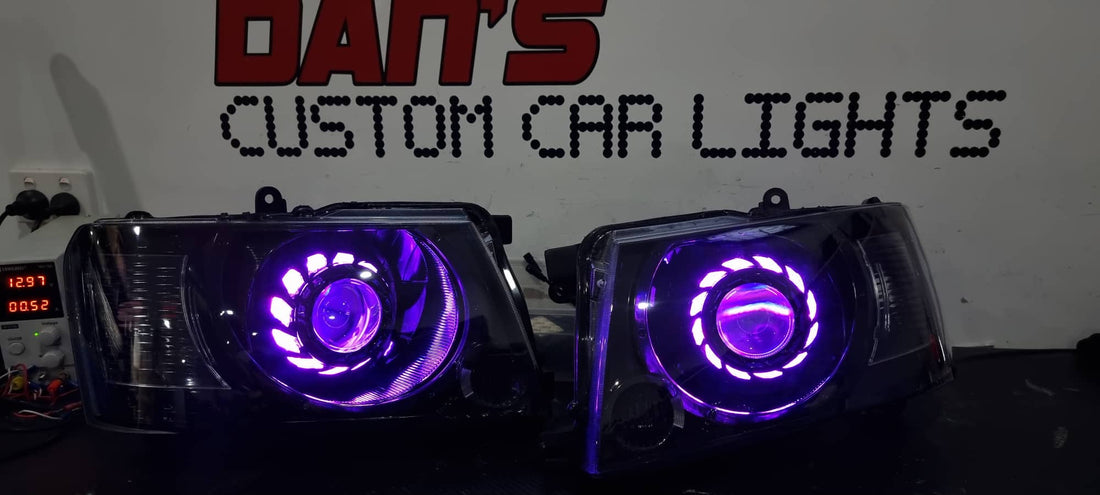 Nissan Patrol GU S4 Headlights w/ Multicoloured Halo Rings with Turbine Shrouds and Projectors - Dan's Custom Car Lights 