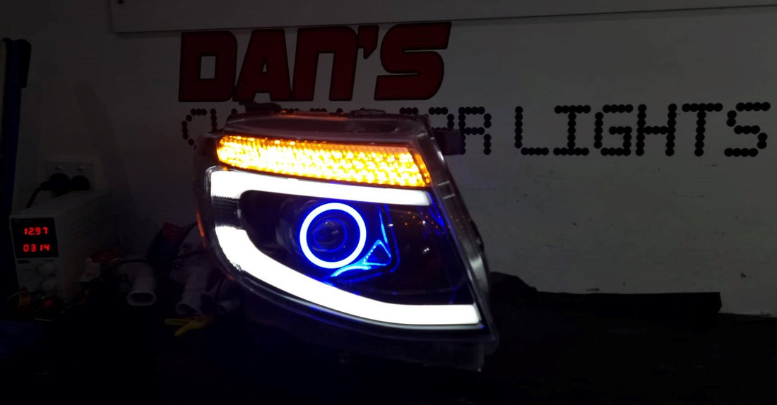 Ford Ranger PX1 DRL Style Headlights with Multicoloured Halo Rings - Dan's Custom Car Lights 
