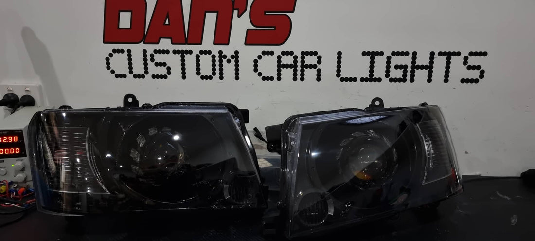 Nissan Patrol GU S4 2004-16 Headlights with Projectors and Turbine Shrouds, White/Amber Halo rings and "HONEYCOMB" Projector Lens Etching - Dan's Custom Car Lights 