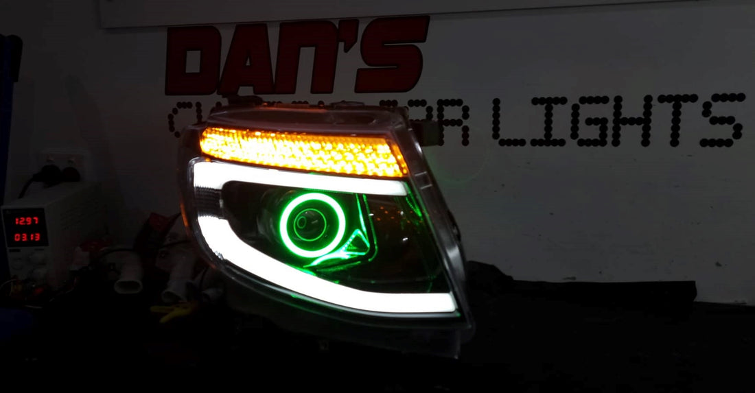 Ford Ranger PX1 DRL Style Headlights with Multicoloured Halo Rings - Dan's Custom Car Lights 
