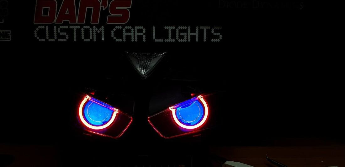 Yamaha YZF R3 Headlights with Halo Rings, Demon Eyes and Projectors - Dan's Custom Car Lights 