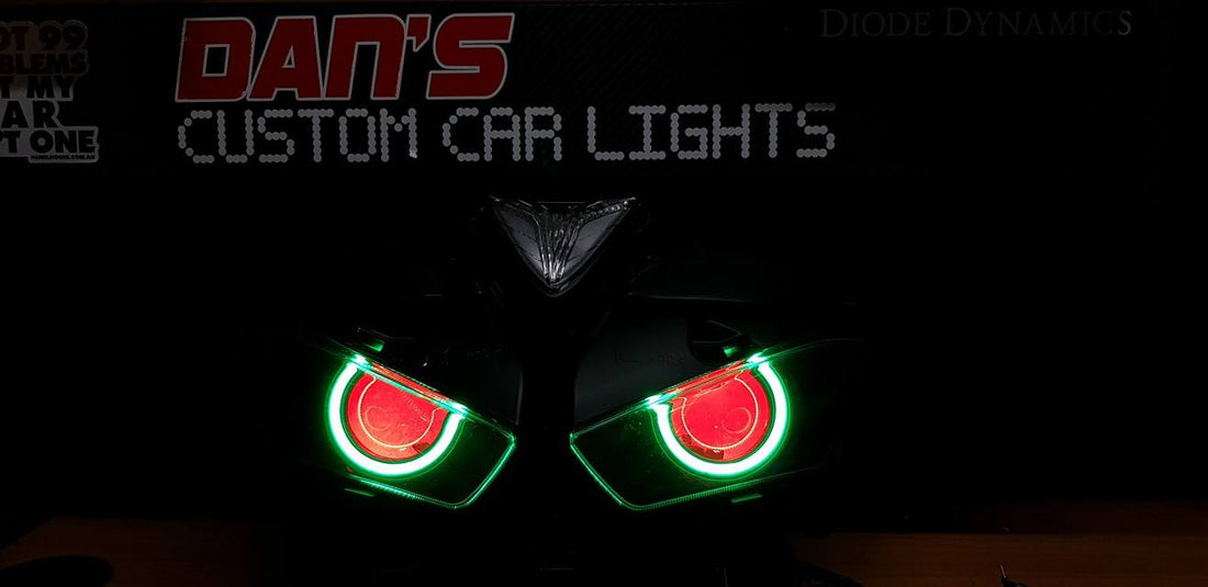 Yamaha YZF R3 Headlights with Halo Rings, Demon Eyes and Projectors - Dan's Custom Car Lights 