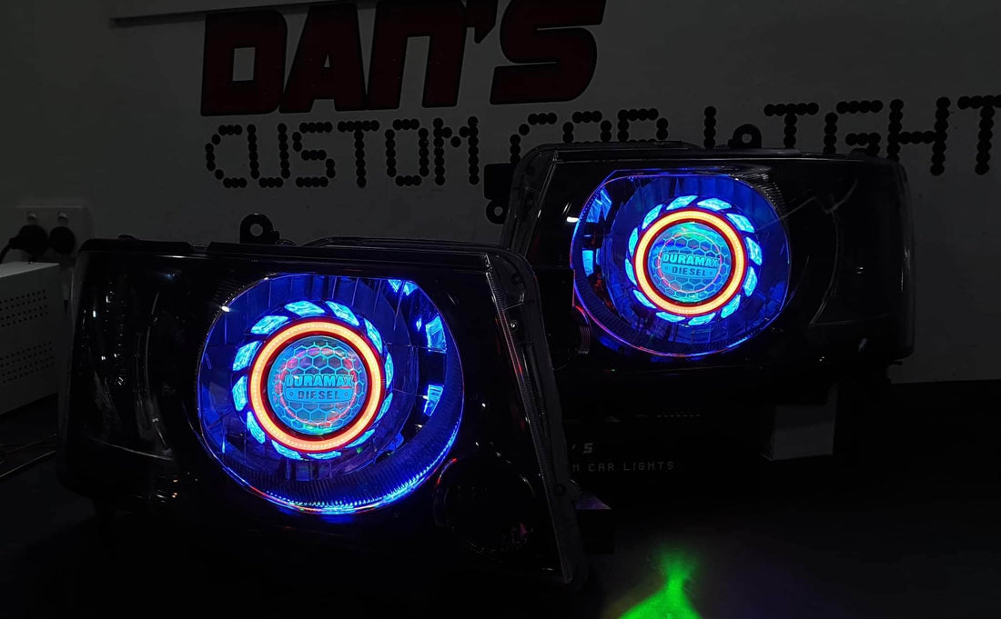 Nissan Patrol GU S4 Headlights BiLED Projectors, Turbine Shroud, Dual Multicolored Halo Rings, and Demon Eyes - Dan's Custom Car Lights 