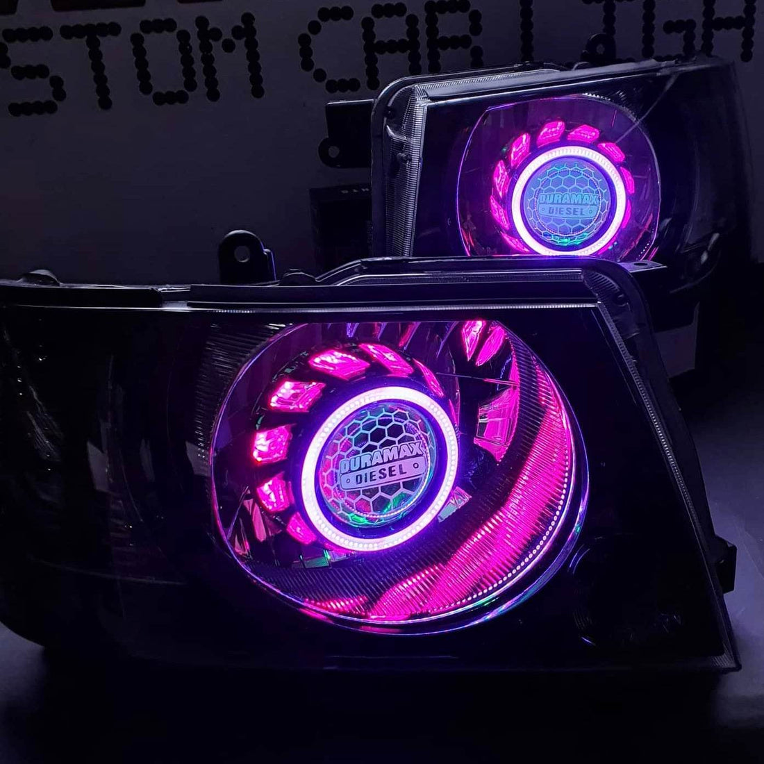 Nissan Patrol GU S4 Headlights BiLED Projectors, Turbine Shroud, Dual Multicolored Halo Rings, and Demon Eyes - Dan's Custom Car Lights 