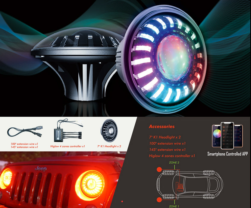 7" Turbine LED High/Low Beam Headlight White/Amber DRL or Chasing Multicolored - Dan's Custom Car Lights 