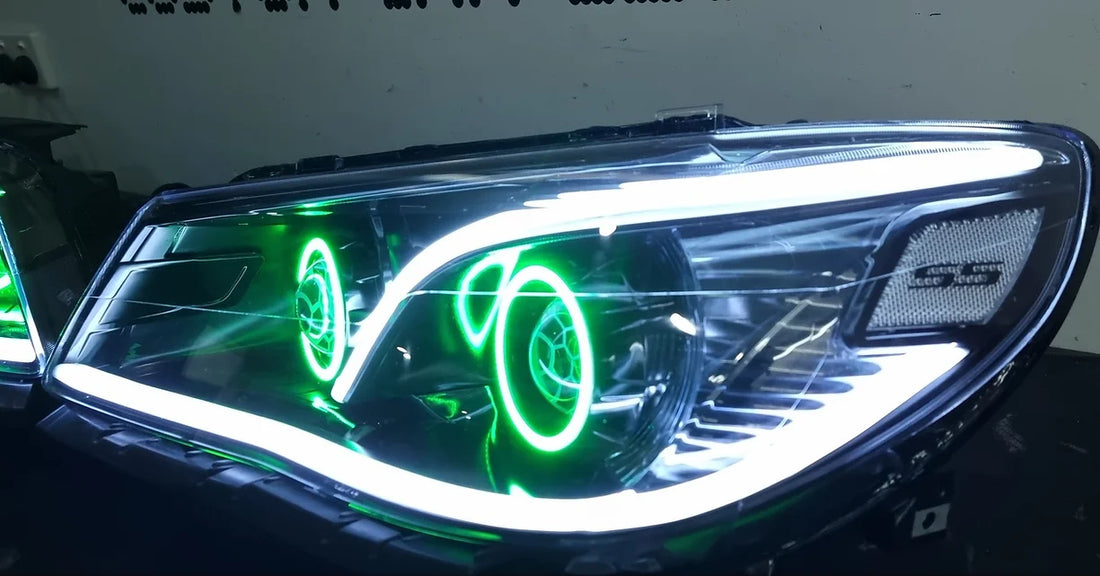 Holden VF Commodore Headlights with Multicoloured Halos rings, Projectors, Demon Eyes & SS Vinyl Sticker - Dan's Custom Car Lights 