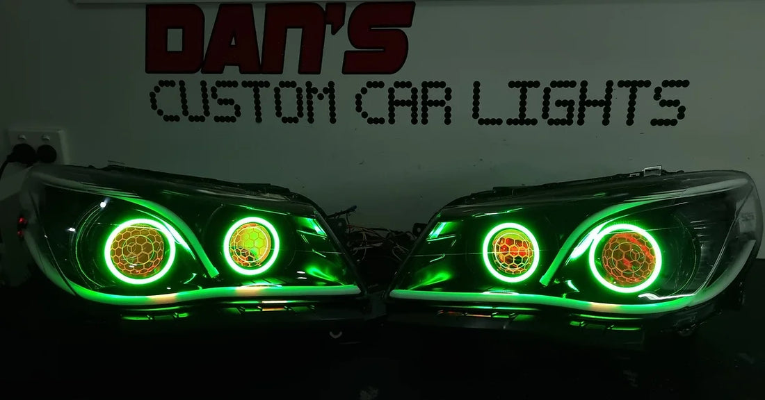 Holden VF Commodore Headlights with Multicoloured Halos rings, Projectors, Demon Eyes & SS Vinyl Sticker - Dan's Custom Car Lights 