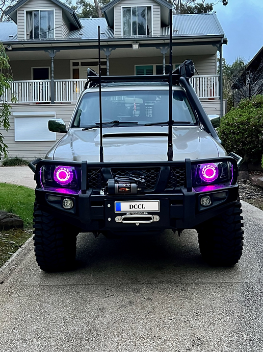 Nissan Patrol GU S4 Headlights BiLED Projectors, Turbine Shroud, Dual Multicolored Halo Rings, and Demon Eyes - Dan's Custom Car Lights 