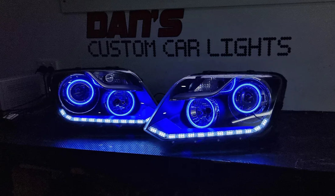 Volkswagen Amarok 2010-2022 Headlights with Switchback White/ Amber DRL & Multicoloured Halos - Dan's Custom Car Lights 