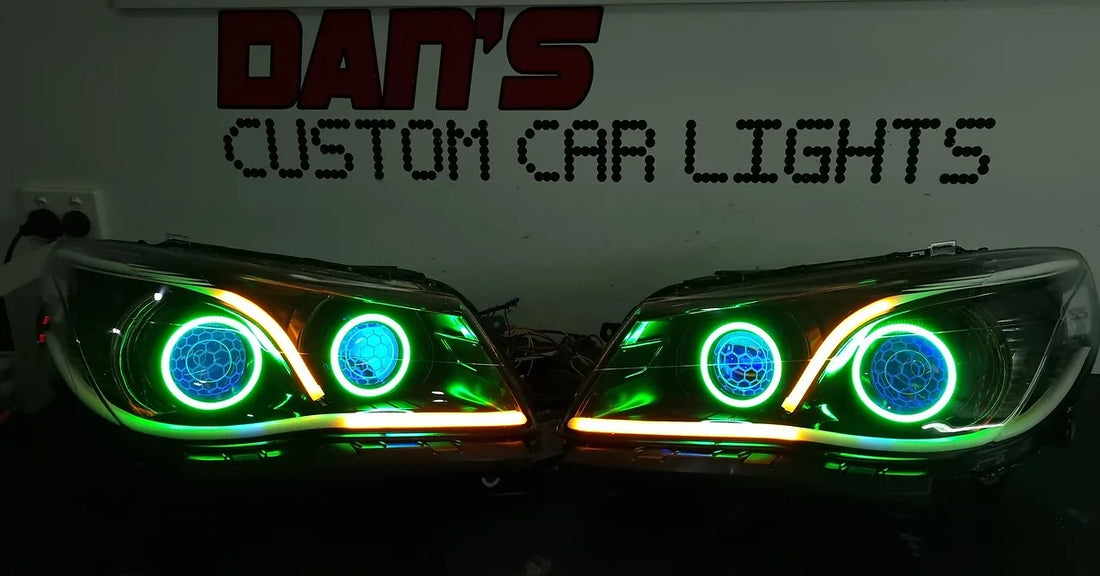 Holden VF Commodore Headlights with Multicoloured Halos rings, Projectors, Demon Eyes & SS Vinyl Sticker - Dan's Custom Car Lights 