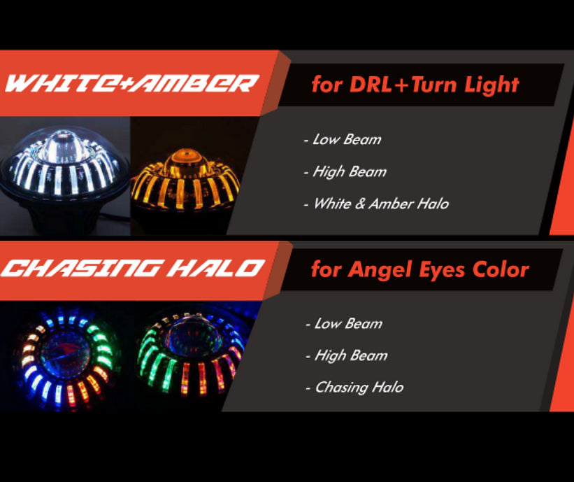 7" Turbine LED High/Low Beam Headlight White/Amber DRL or Chasing Multicolored - Dan's Custom Car Lights 