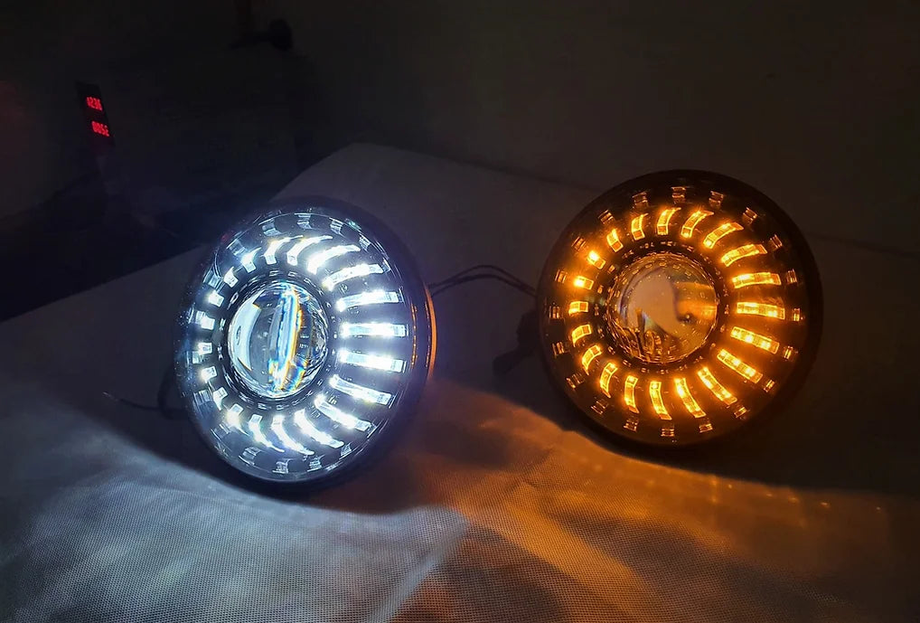 7" Turbine LED High/Low Beam Headlight White/Amber DRL or Chasing Multicolored - Dan's Custom Car Lights 