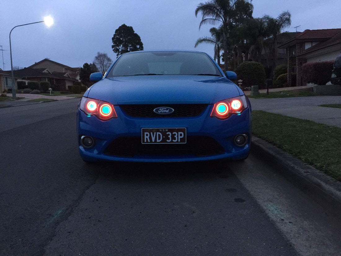 Ford Falcon FG XR6/XR8 MK1/MK2 Headlights with Quad Projectors, Quad RGB Multicolored Halos & Quad RGB Multicolored Demon Eyes - Dan's Custom Car Lights 