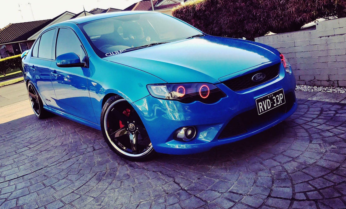 Ford Falcon FG XR6/XR8 MK1/MK2 Headlights with Quad Projectors, Quad RGB Multicolored Halos & Quad RGB Multicolored Demon Eyes - Dan's Custom Car Lights 