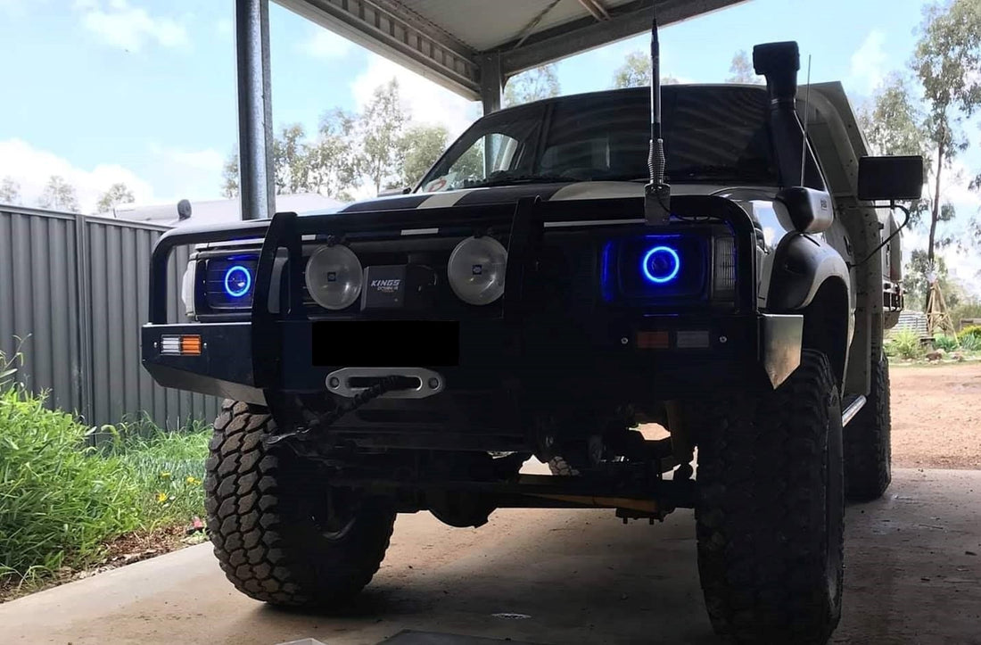 Universal 5x7" Rectangle Headlights Fitted with Bi Projectors, Multiciolored Halo Rings & Full blacking out - Dan's Custom Car Lights 