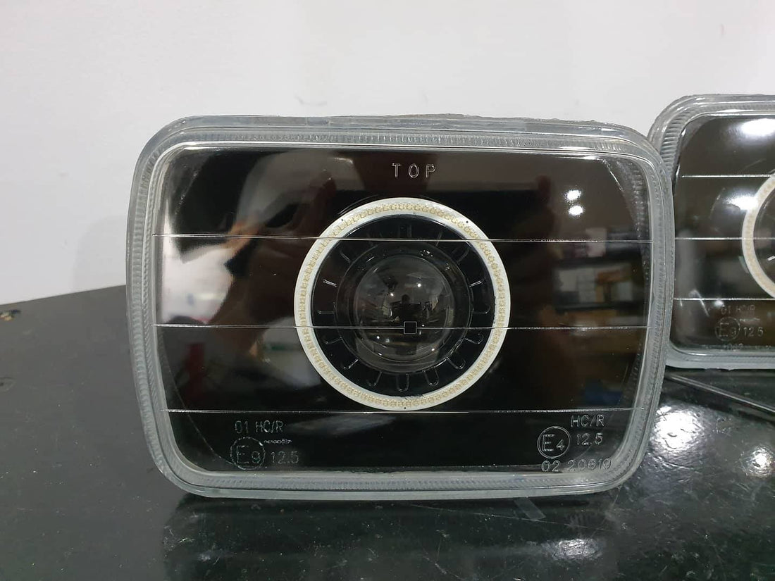 Universal 5x7" Rectangle Headlights Fitted with Bi Projectors, Multiciolored Halo Rings & Full blacking out - Dan's Custom Car Lights 