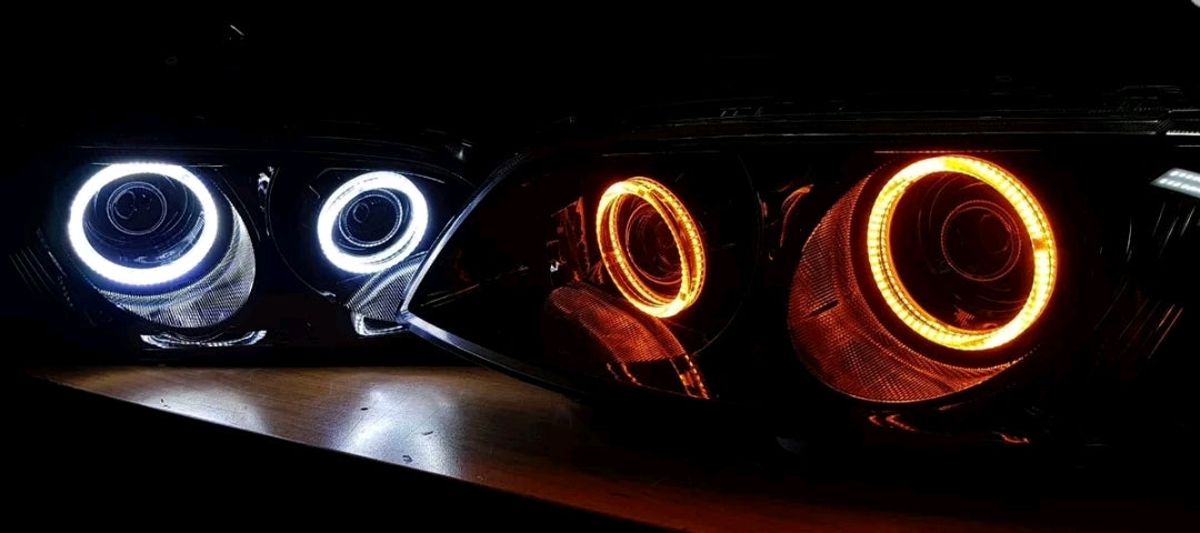 Holden VE Commodore S2 Headlights with Quad Projectors and White/Amber Halo Rings - Dan's Custom Car Lights 