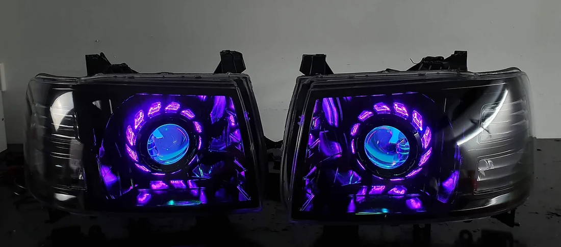 Ford RANGER PJ 2006-2009 Headlights with Multicoloured Halorings & RGB Demon Eyes - Dan's Custom Car Lights 