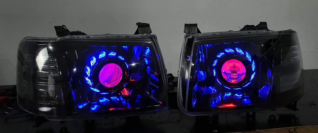 Ford RANGER PJ 2006-2009 Headlights with Multicoloured Halorings & RGB Demon Eyes - Dan's Custom Car Lights 