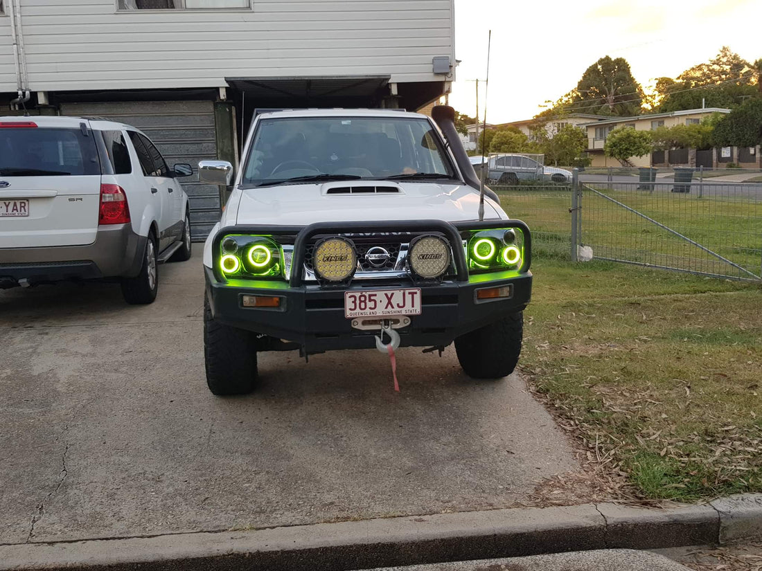 Nissan Navarra D22 Headlights with Quad Multicoloured Halo Rings - Dan's Custom Car Lights 