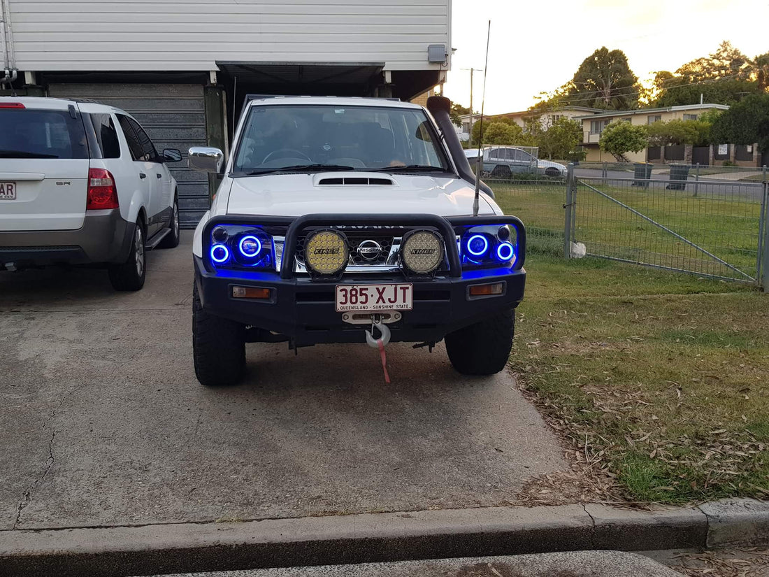 Nissan Navarra D22 Headlights with Quad Multicoloured Halo Rings - Dan's Custom Car Lights 