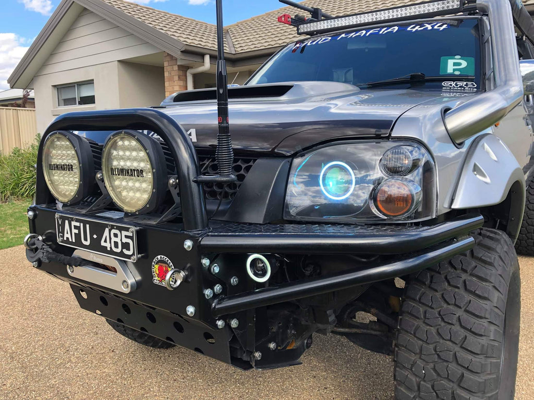 Nissan Navarra D22 Headlights with Multicoloured Halo Rings - Dan's Custom Car Lights 