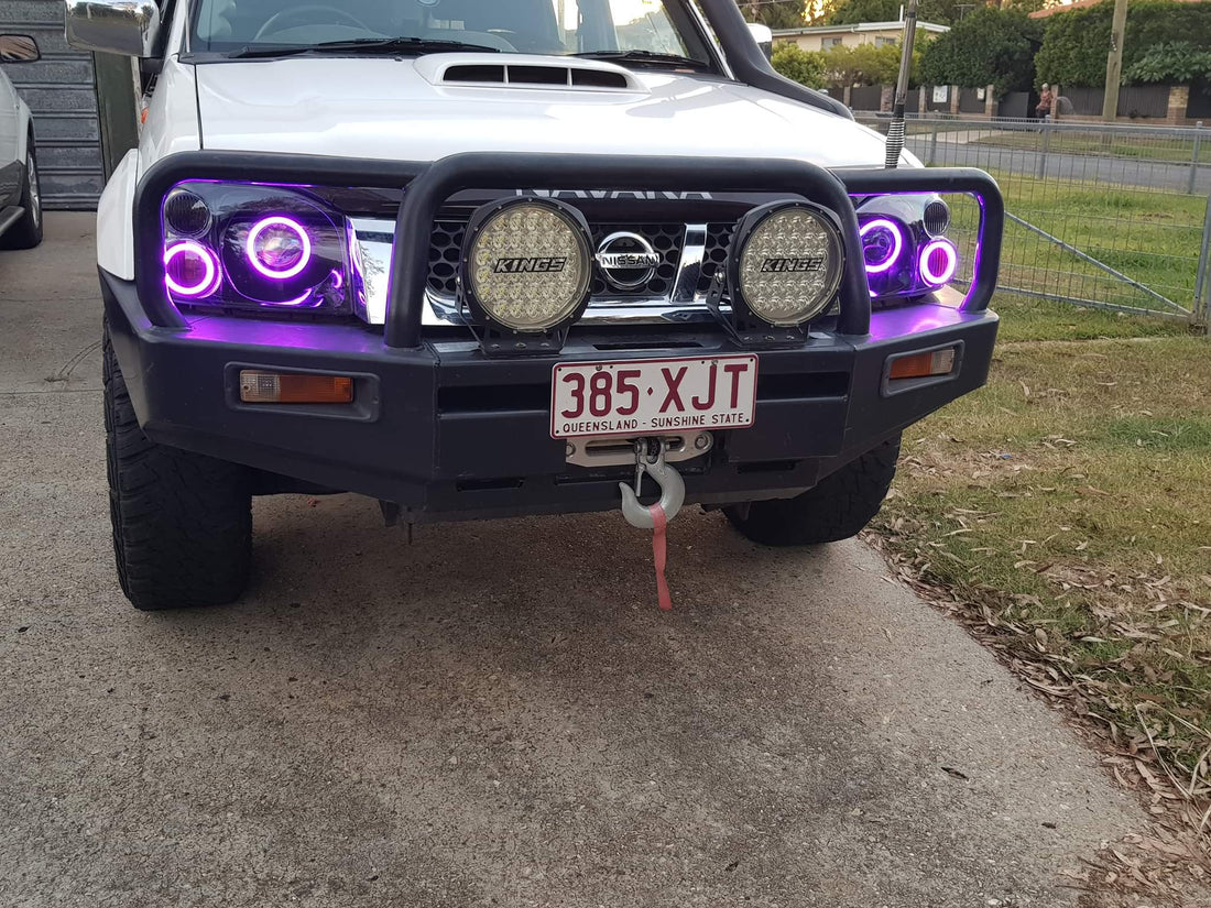 Nissan Navarra D22 Headlights with Quad Multicoloured Halo Rings - Dan's Custom Car Lights 