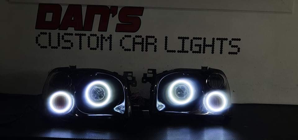 Nissan Navara D22 Headlights with Projector and Quad White/Amber Halo rings - Dan's Custom Car Lights 