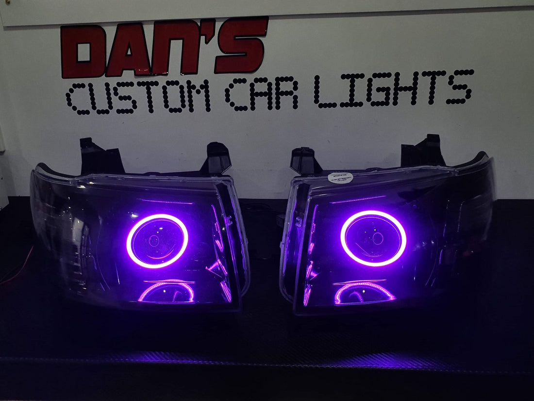 Nissan Navarra D22 Headlights with Multicoloured Halo Rings - Dan's Custom Car Lights 