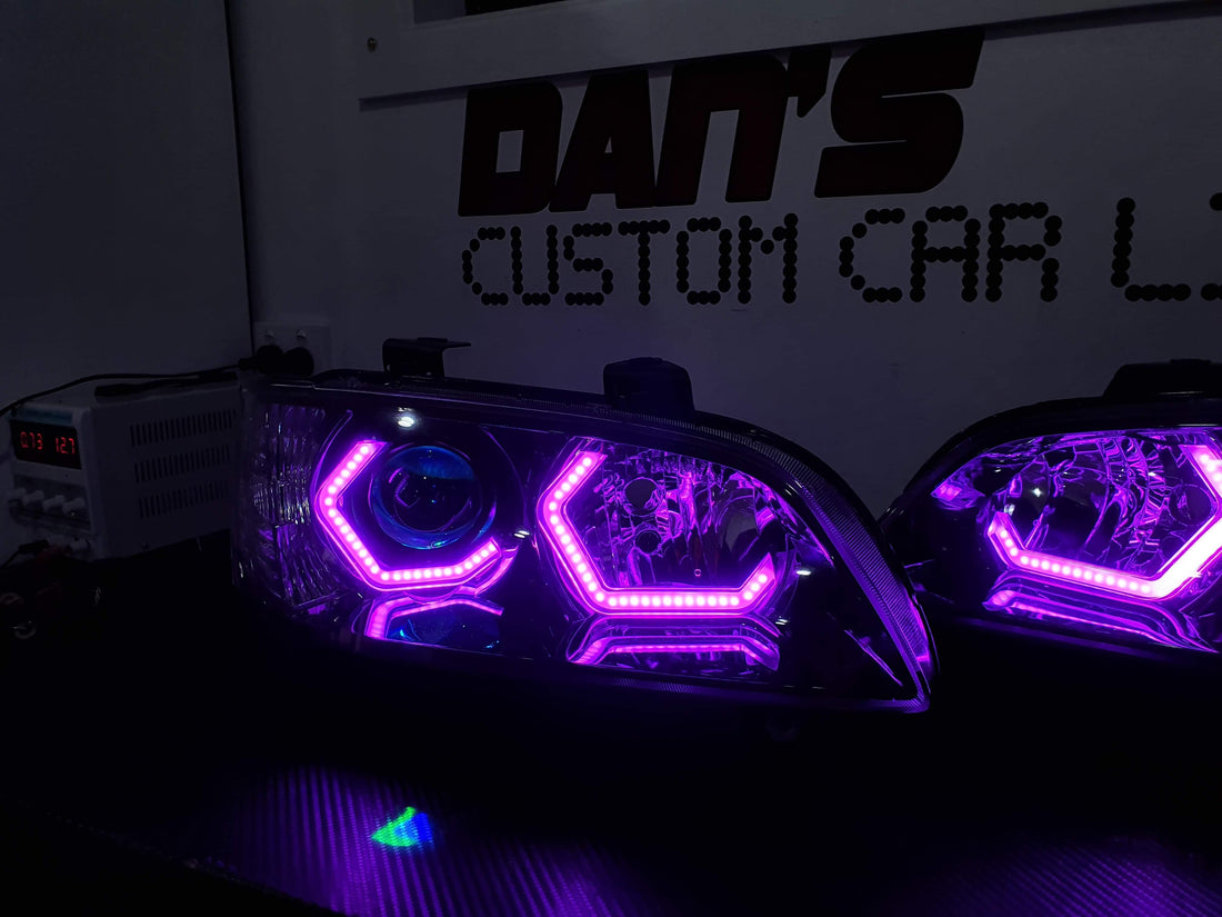 Holden VE Commodore S1 Projector Headlights with RGB HEX Halo Rings Black - Dan's Custom Car Lights 