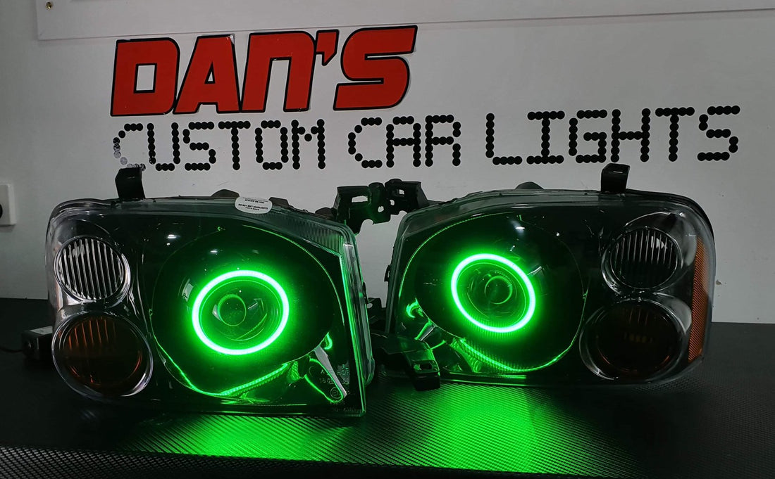 Nissan Navarra D22 Headlights with Multicoloured Halo Rings - Dan's Custom Car Lights 