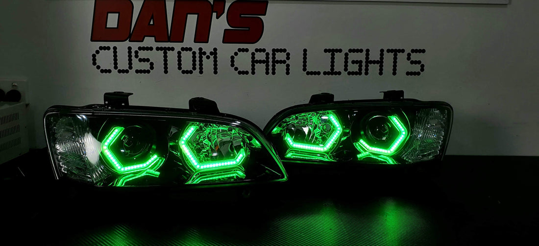 Holden VE Commodore S1 Projector Headlights with RGB HEX Halo Rings Black - Dan's Custom Car Lights 