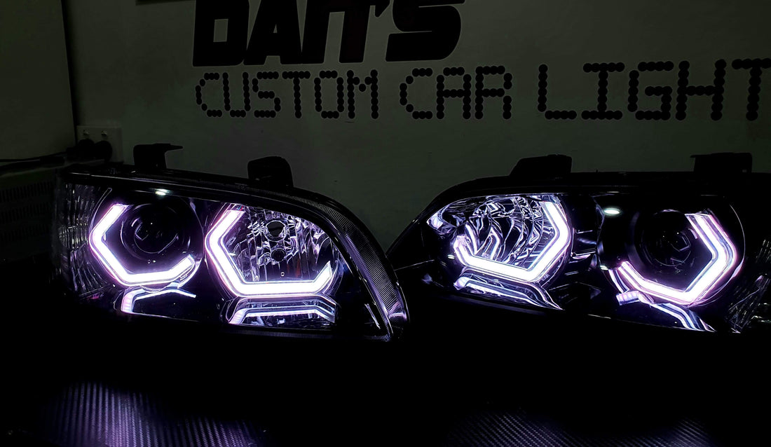 Holden VE Commodore S1 Projector Headlights with RGB HEX Halo Rings Black - Dan's Custom Car Lights 