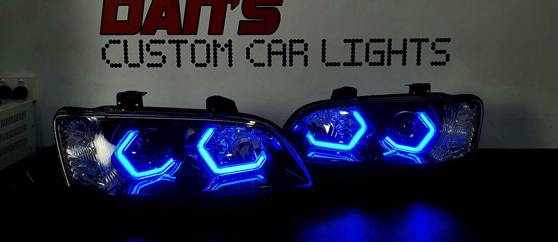 Holden VE Commodore S1 Projector Headlights with RGB HEX Halo Rings Black - Dan's Custom Car Lights 