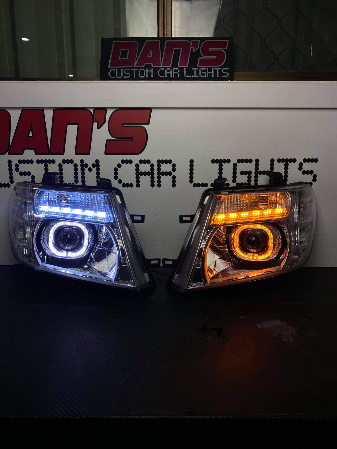Nissan Navara D40 VSK Spain Facelift Chrome Headlights with White/Amber Halo Rings, DRLS and Projectors - Dan's Custom Car Lights 