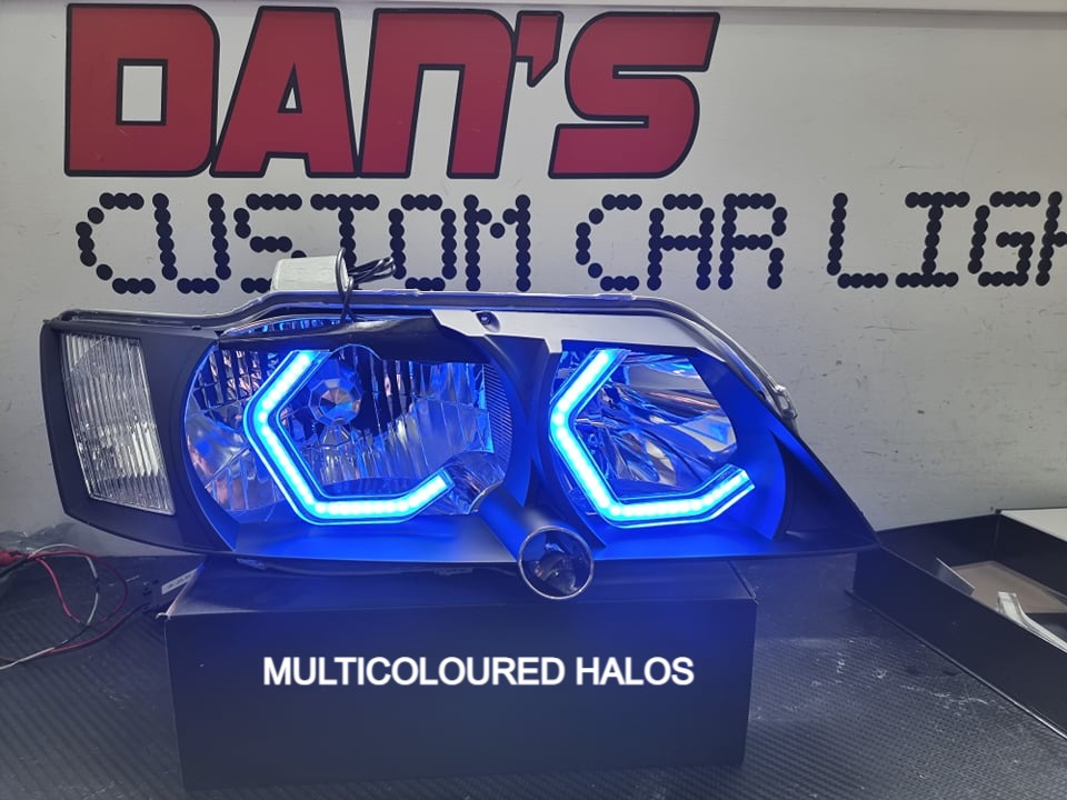 Holden Commodore VY White/Amber and Multicolored Hex Halo Rings - Dan's Custom Car Lights 
